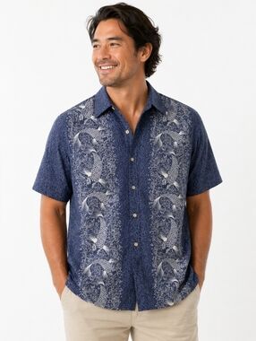 Tori Richard Honolulu Koi Fish Button-Up Shirt Blue Size M 100% Cotton Hawaiian